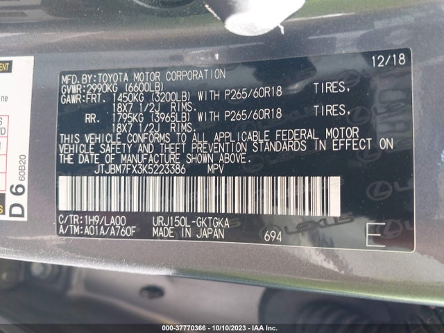 JTJBM7FX3K5223386 Lexus 460 Premium