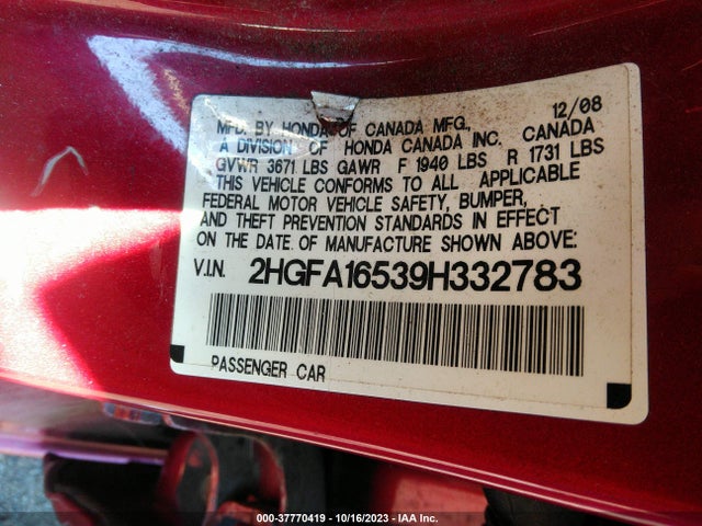 2009 HONDA CIVIC SDN LX VIN: 2HGFA16539H332783