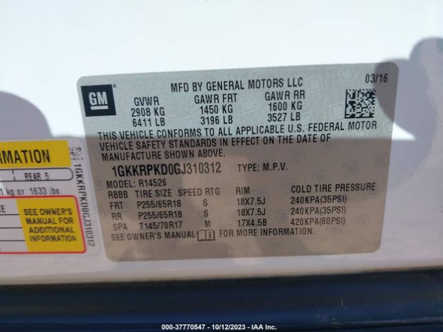 1GKKRPKD0GJ310312 GMC ACADIA SLE