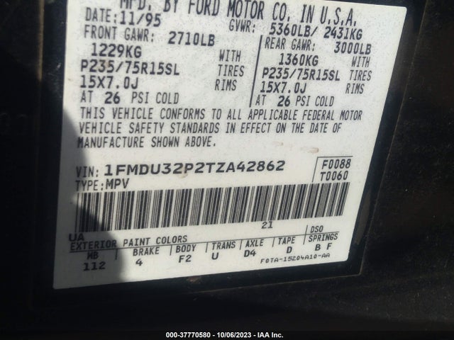 1996 FORD EXPLORER VIN: 1FMDU32P2TZA42862