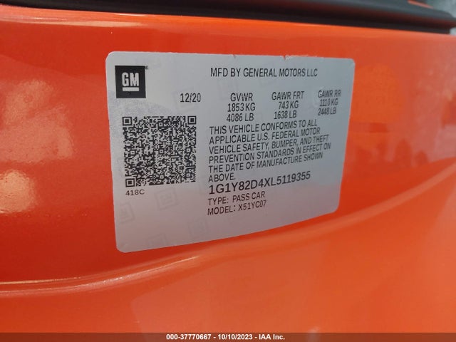 Chevrolet Corvette 3lt 2020 1G1Y82D4XL5119355 Image 9