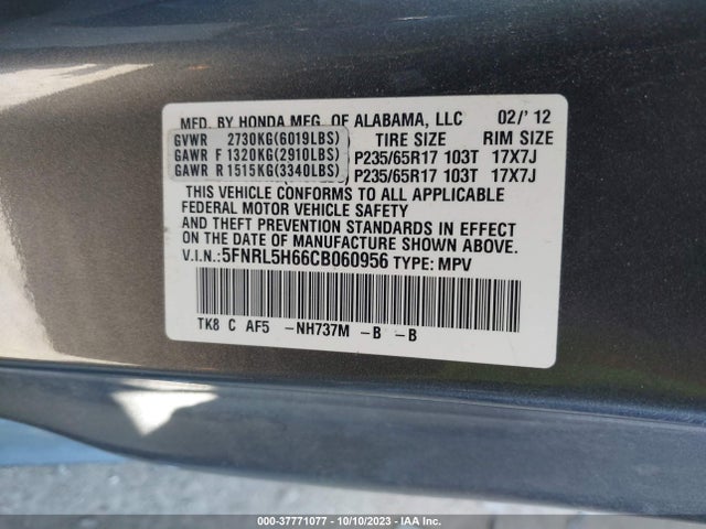 2012 HONDA ODYSSEY EX-L VIN: 5FNRL5H66CB060956
