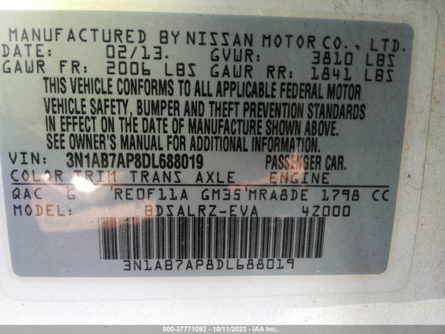 2013 NISSAN SENTRA SR VIN: 3N1AB7AP8DL688019