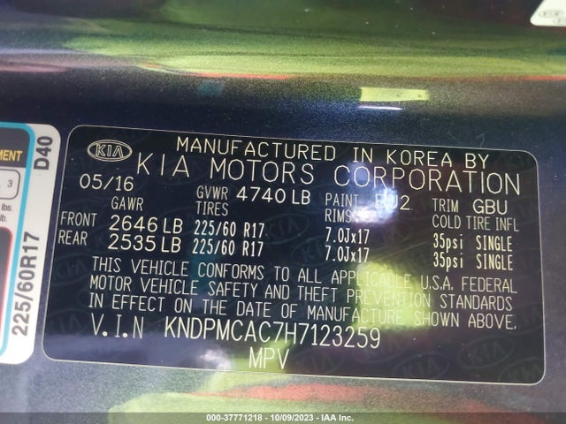 2017 KIA SPORTAGE LX VIN: KNDPMCAC7H7123259