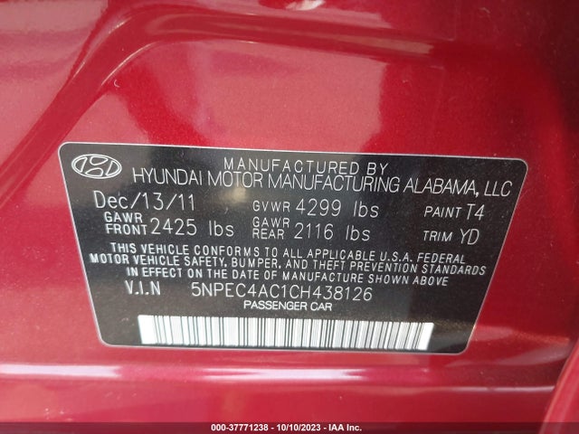 2012 HYUNDAI SONATA 2.4L LIMITED PZEV VIN: 5NPEC4AC1CH438126