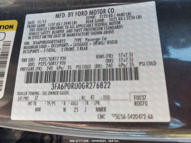 3FA6P0RU0GR276822 Ford Fusion Titanium Hybrid