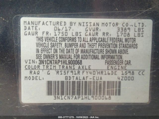 3N1CN7AP1HL900068 Nissan Versa Sedan S
