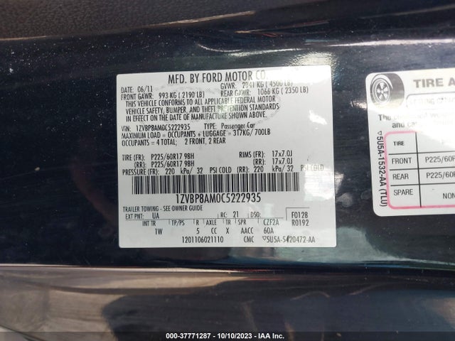 2012 FORD MUSTANG V6 VIN: 1ZVBP8AM0C5222935