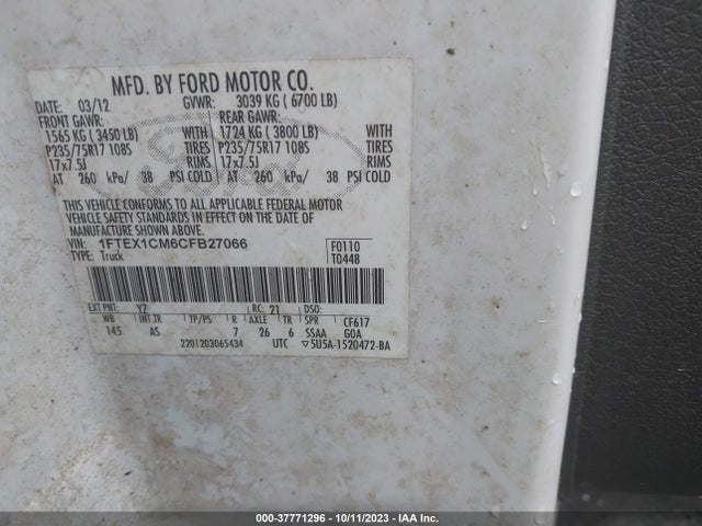 2012 FORD F-150 XL/STX/XLT VIN: 1FTEX1CM6CFB27066