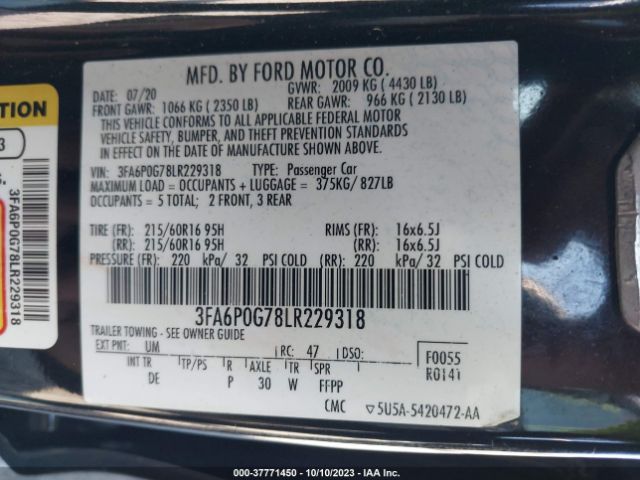 3FA6P0G78LR229318 Ford FUSION S