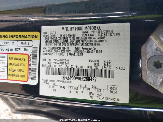 2014 FORD FUSION TITANIUM VIN: 3FA6P0D90ER288422