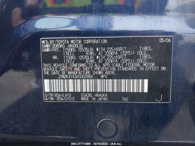 2006 TOYOTA RAV4 LIMITED VIN: JTMZK31V365003984