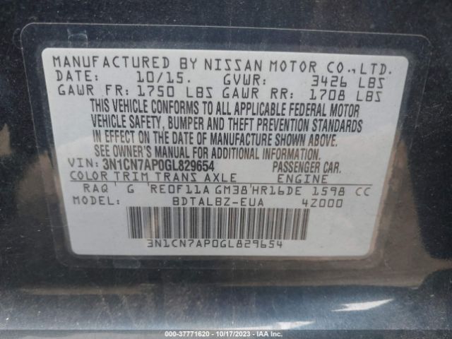 3N1CN7AP0GL829654 Nissan VERSA SV