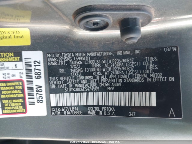 2014 TOYOTA SIENNA XLE/XLE AAS/LTD VIN: 5TDYK3DC6ES474509