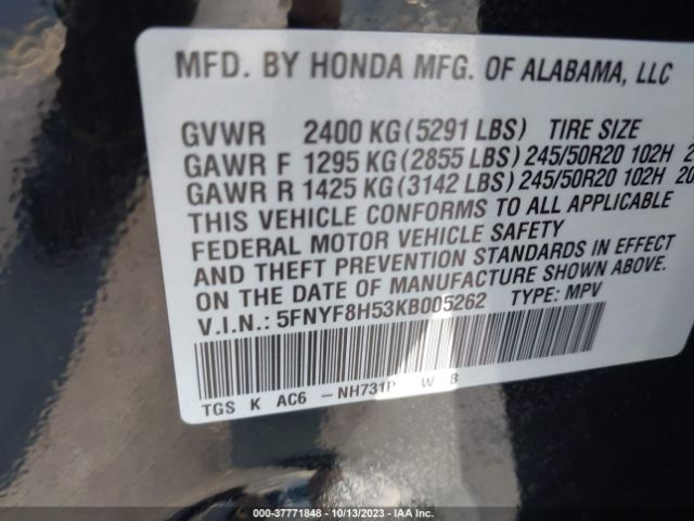 5FNYF8H53KB005262 Honda Passport Ex-l