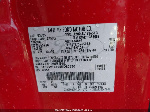 2005 FORD F-150 XLT/FX4/LARIAT/KING RANCH VIN: 1FTPW14525KD80530