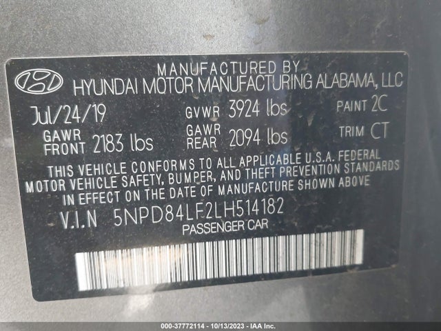 2020 HYUNDAI ELANTRA SEL VIN: 5NPD84LF2LH514182