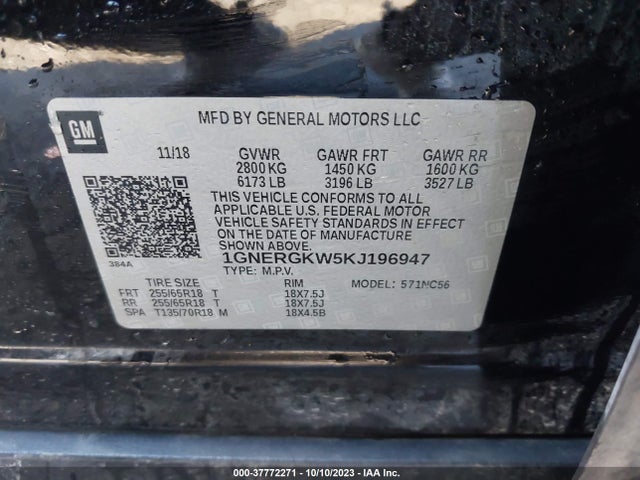 Chevrolet Traverse 1lt 2019 1GNERGKW5KJ196947 Image 9