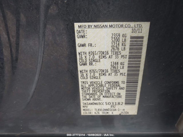 2012 NISSAN XTERRA X VIN: 5N1AN0NU3CC503182