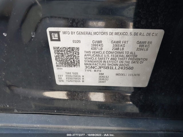 Chevrolet Trax Awd Lt 2020 3GNCJPSB1LL243560 Image 9