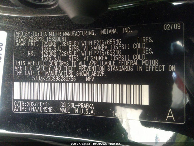 2009 TOYOTA SIENNA 5TDZK23C99S280756 Photo 8
