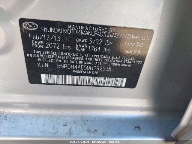 2013 HYUNDAI ELANTRA GLS VIN: 5NPDH4AE5DH292538
