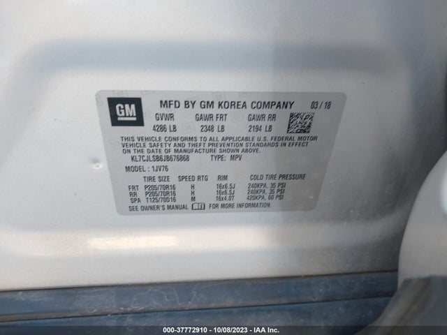 37772910 :رقم المزاد ، KL7CJLSB6JB676868 vin ، 2018 Chevrolet Trax Lt مزاد بيع