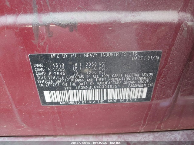 Subaru Legacy 2.5i Limited 2015 4S3BNBL64F3046251 Image 9