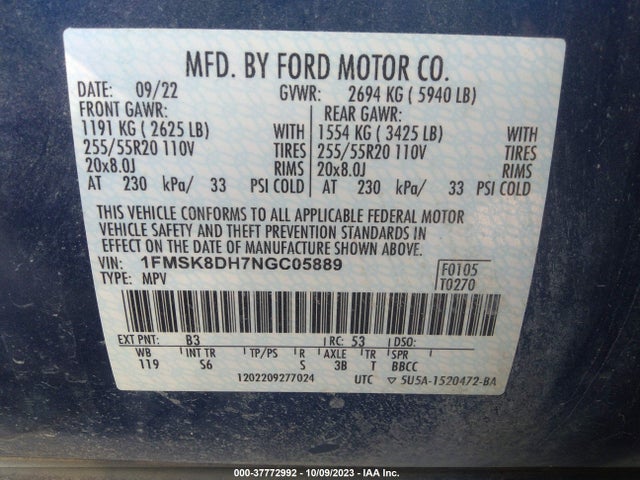 2022 FORD EXPLORER XLT VIN: 1FMSK8DH7NGC05889