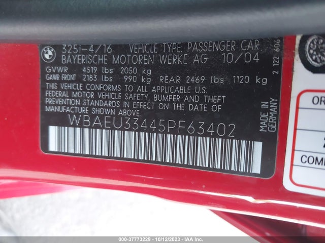 2005 BMW 3 SERIES 325XI VIN: WBAEU33445PF63402
