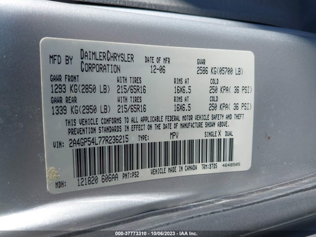 2007 CHRYSLER TOWN & COUNTRY LWB TOURING VIN: 2A4GP54L77R236215