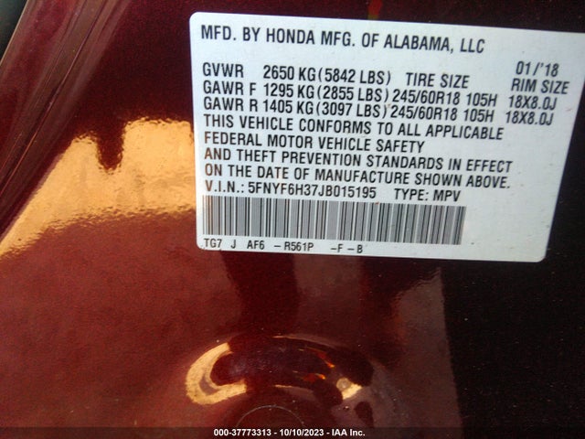 Honda Pilot Ex 2018 5FNYF6H37JB015195 Image 9