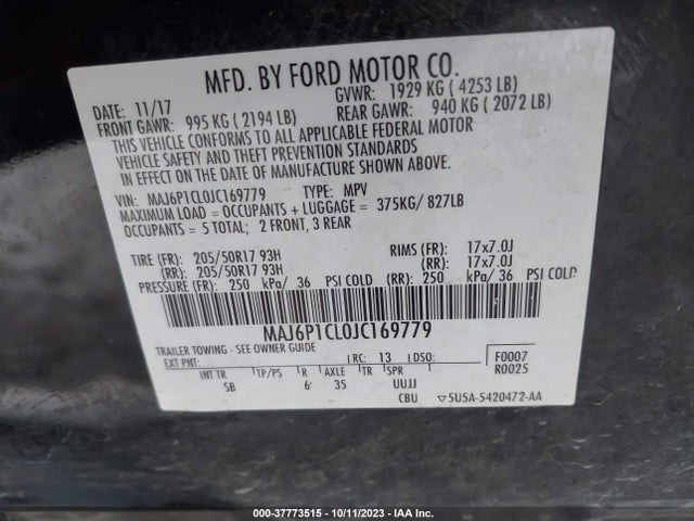 2018 FORD ECOSPORT SES VIN: MAJ6P1CL0JC169779