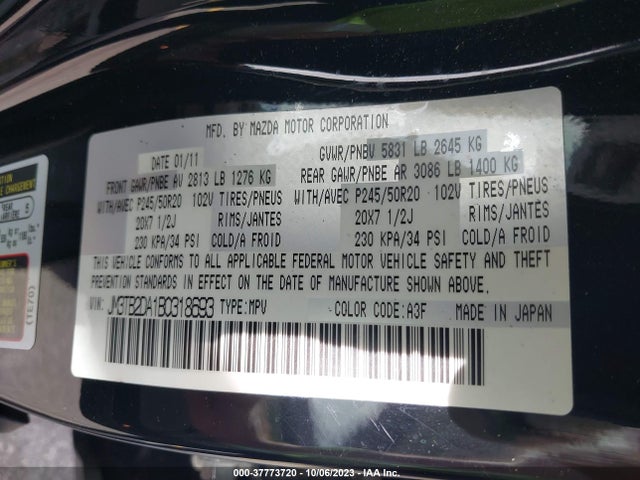 2011 MAZDA CX-9 GRAND TOURING VIN: JM3TB2DA1B0318693