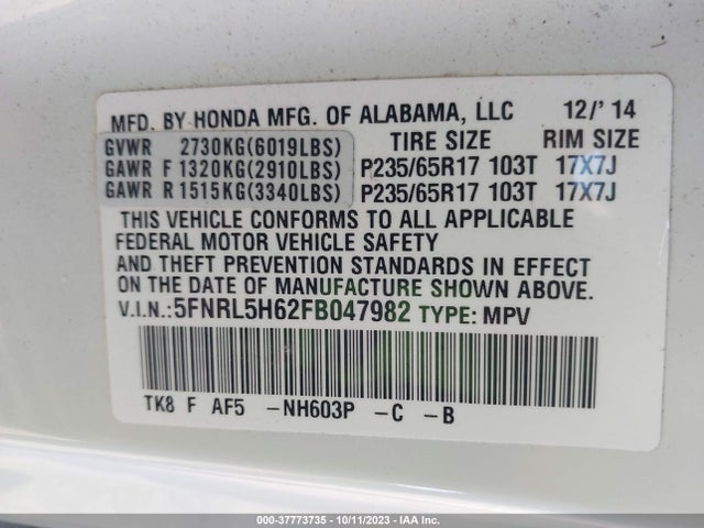 Honda Odyssey Ex-l 2015 5FNRL5H62FB047982 Image 9