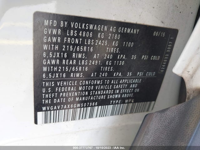 WVGAV7AX6GW507966 Volkswagen TIGUAN S