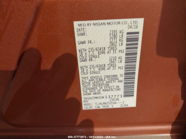 Nissan MURANO SL 2016 5N1AZ2MH5GN137773 Image 9