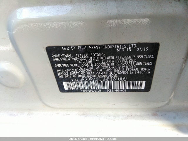 2016 SUBARU CROSSTREK LIMITED VIN: JF2GPANC3G8324009