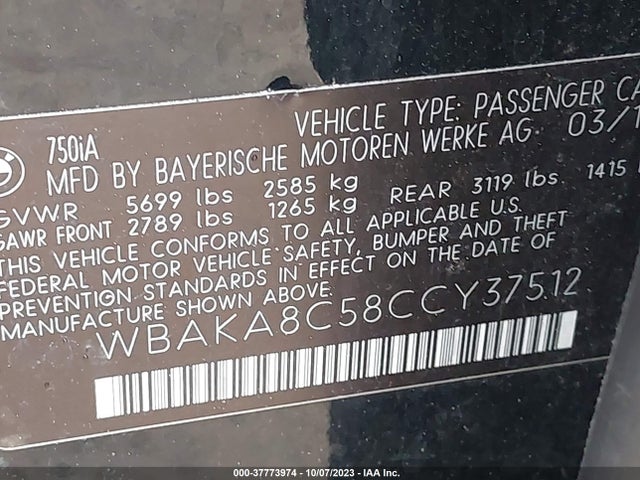 2012 BMW 7 SERIES 750I VIN: WBAKA8C58CCY37512