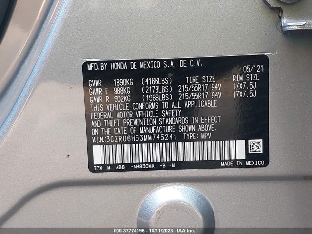 2021 HONDA HR-V EX VIN: 3CZRU6H53MM745241