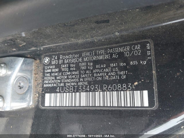 2003 BMW Z4 2.5I VIN: 4USBT33493LR60883