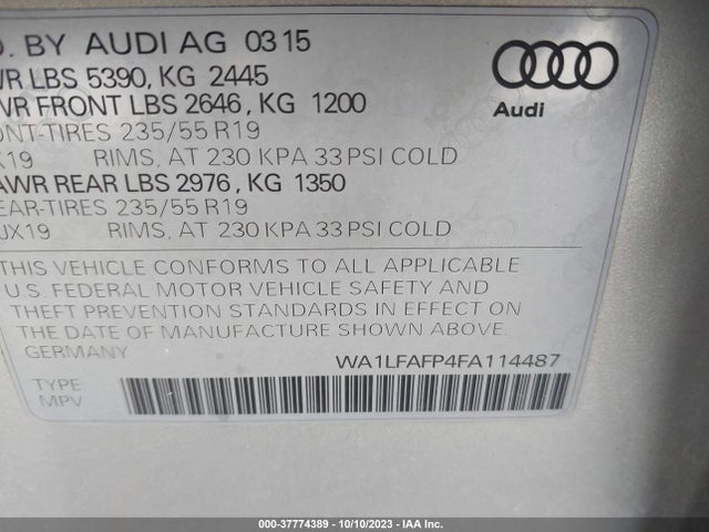 2015 AUDI Q5 PREMIUM PLUS VIN: WA1LFAFP4FA114487