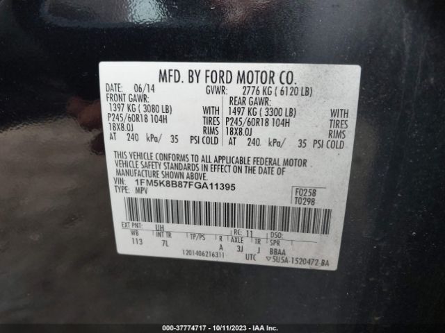 1FM5K8B87FGA11395 Ford Explorer Base
