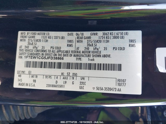 2018 FORD F-150 PLATINUM VIN: 1FTEW1CG5JFD38866
