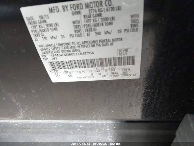 Ford EXPLORER XLT 2014 1FM5K8D80EGA47764 Image 9