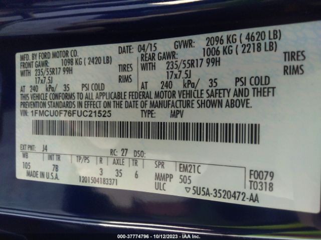 1FMCU0F76FUC21525 Ford ESCAPE S