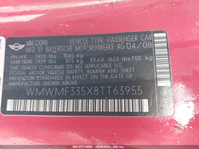 2008 MINI COOPER HARDTOP WMWMF335X8TT63955 Photo 8