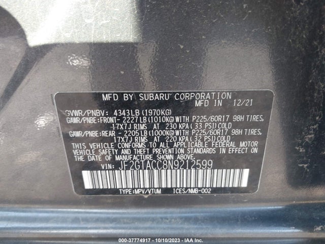 2022 SUBARU CROSSTREK PREMIUM VIN: JF2GTACC8N9212599