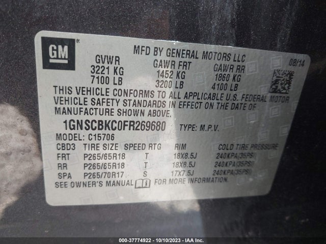 Chevrolet Tahoe Lt 2015 1GNSCBKC0FR269680 Image 9