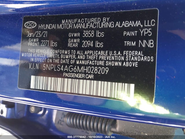 2021 HYUNDAI ELANTRA SEL VIN: 5NPLS4AG6MH028209
